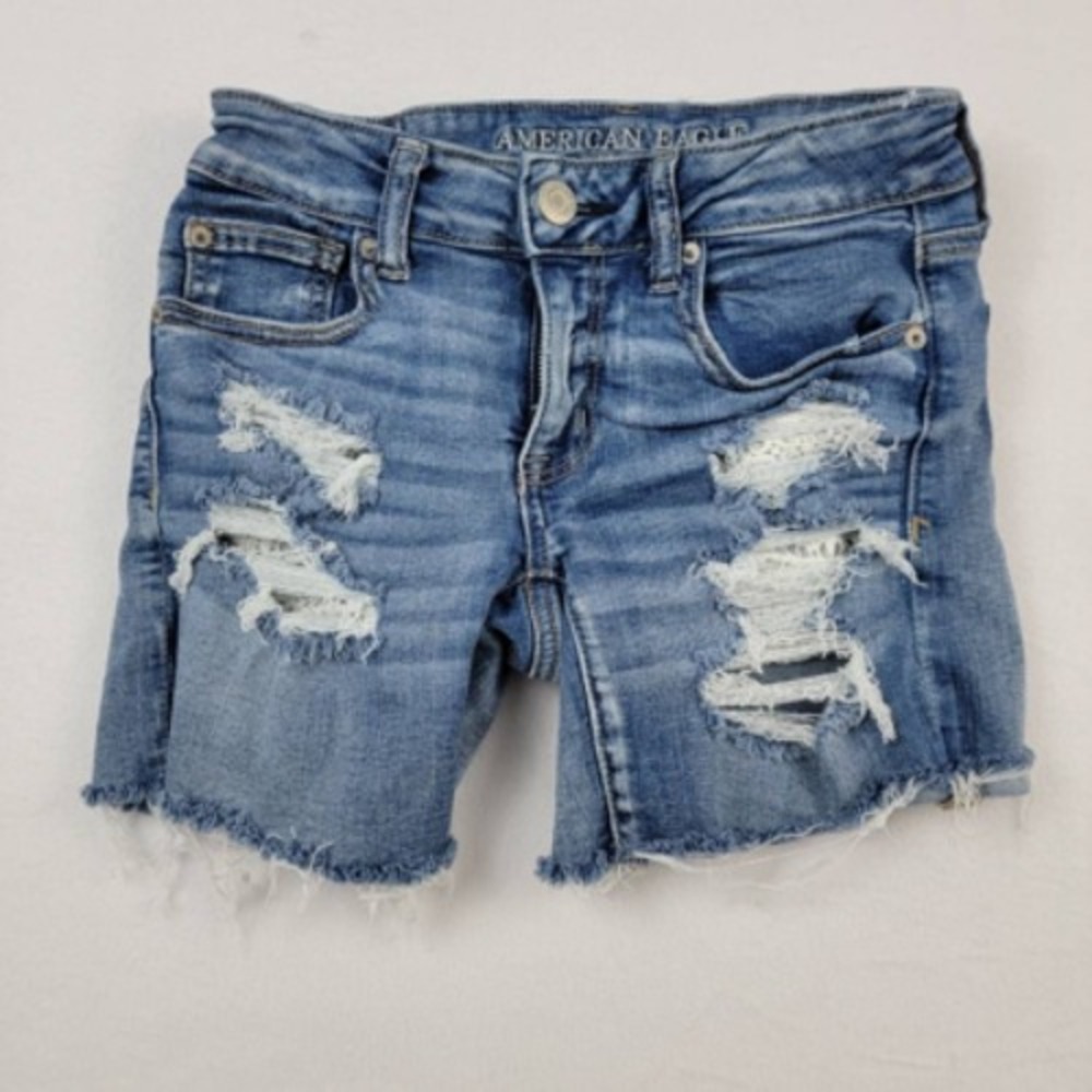American Eagle Outfitters Womens Jean Shorts Blue Distressed Frayed Low Rise 2